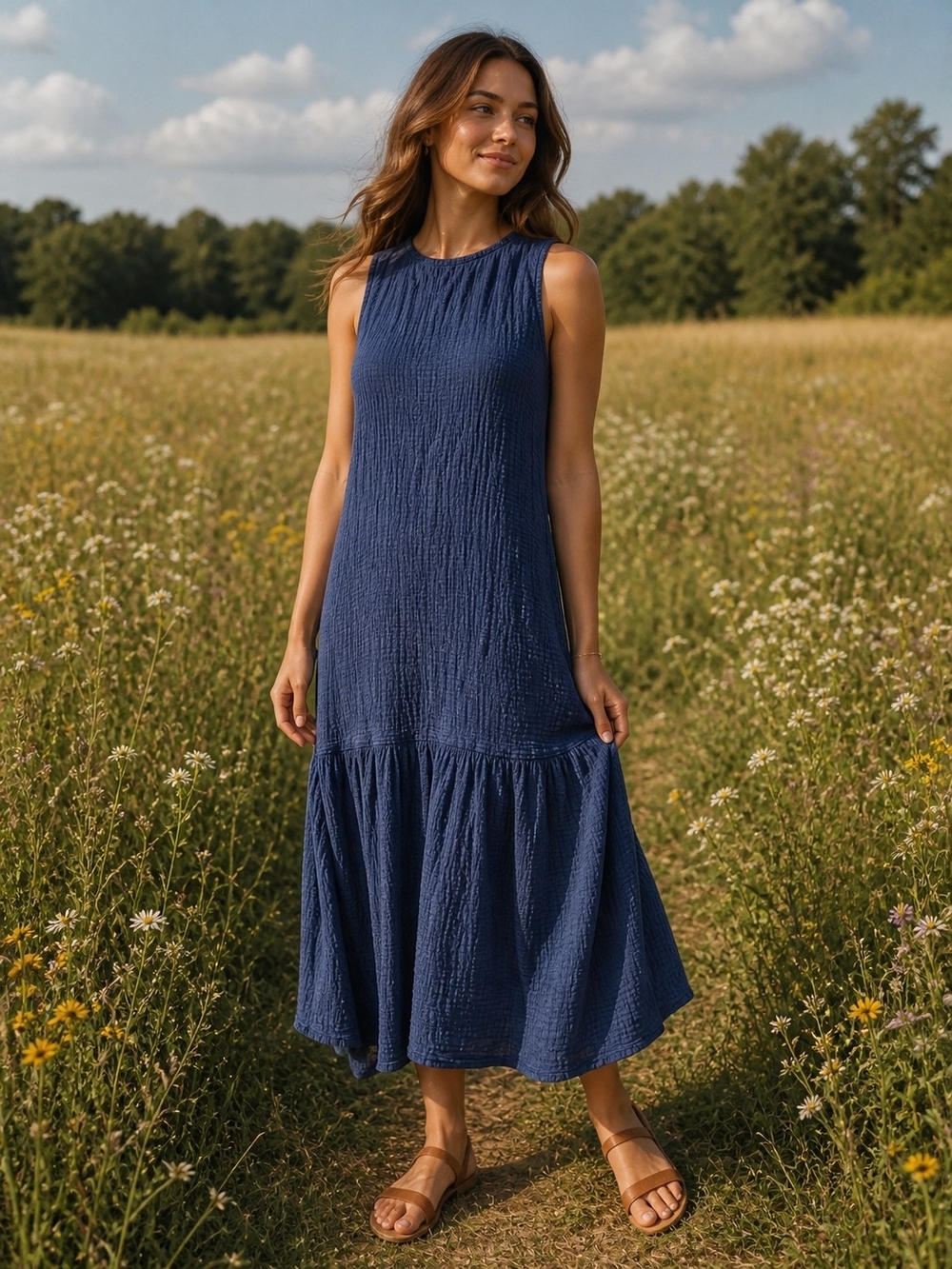 Zara Textured Gauze Midi Dress – Blue Tie Back Sleeveless Dress. Size Small